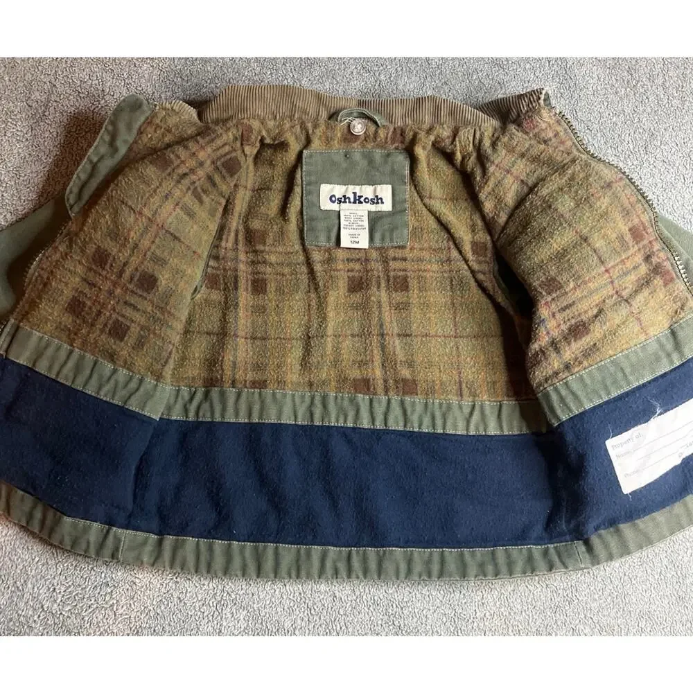 OshKosh B'gosh BabyBoy Green Utility Barn Jacket Corduroy Collar Plaid Lined 12M